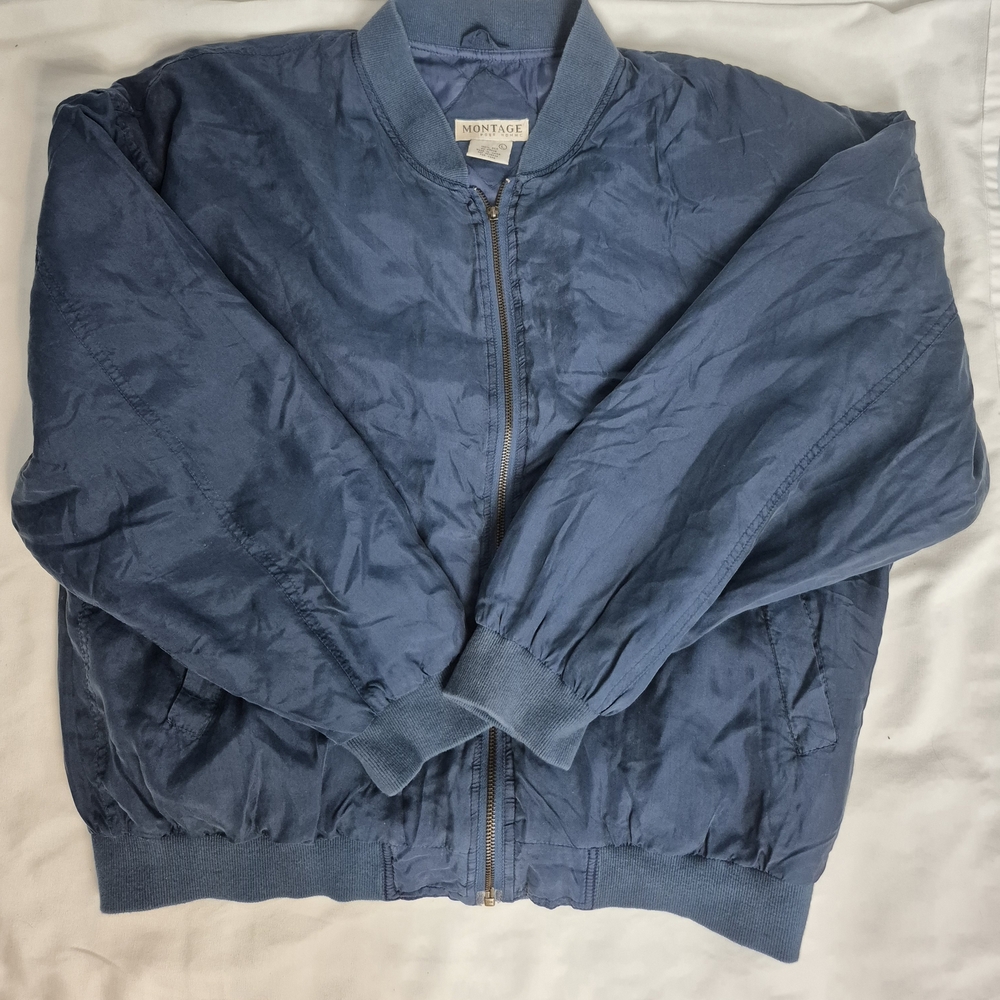 Montage Pour Homme Jacket Men's Large Blue 100% Silk Bomber Vintage Lightweight